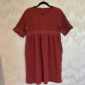 Women's Rust Red Embroidered Short Sleeve Dress